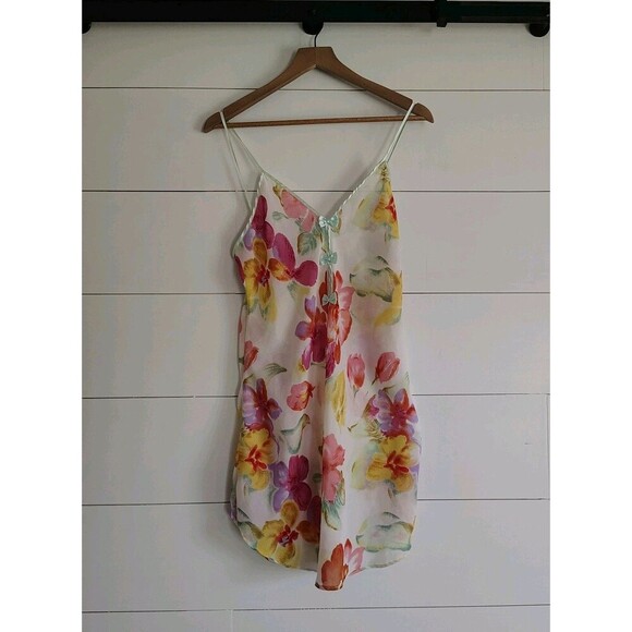 Vtg 90s Romantic Moods Slip Nightie Floral Bow Coquette Semi Sheer Size Medium - Picture 1 of 8